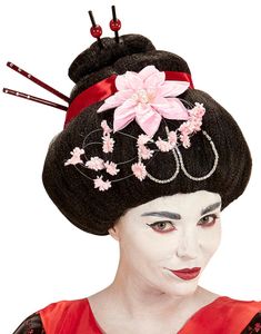 Svart Geisha Parykk med Blomster og Spisepinner