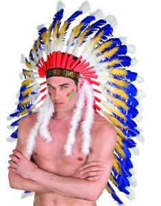 Deluxe Indianer Hodeplagg med STORE Fjær og Mønstret Bånd