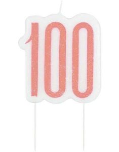 Tallet 100 - Hvit og Rose Gullfarget Jubileums Kakelys 8,5 cm