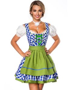 Rutete Blått og Hvitt Tradisjonelt Oktoberfest Kostyme med Grønne Partier