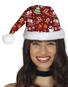 Rød Nisselue med Julemotiver