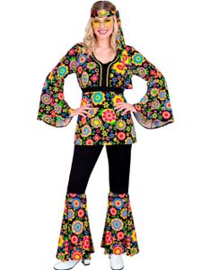 60's Mørkt Hippiekostyme med Fargerike Lyse Blomster til Dame
