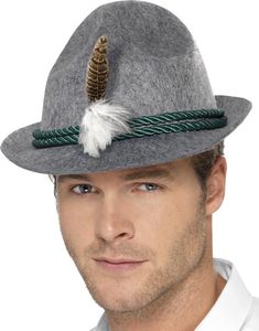 Lys Grå Oktoberfesthatt med Grønne Tau og Fjær