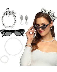 50-talls Kostymesett med Øreringer, Briller, Skjerf, Perlehalskjede og Armbånd