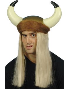 Gullfarget Vikinghjelm med Fuskepels, Horn og Blondt Hår