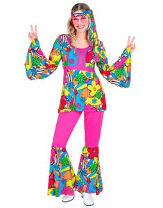 60's Rosa Hippiekostyme med Fargerike Blomster til Dame