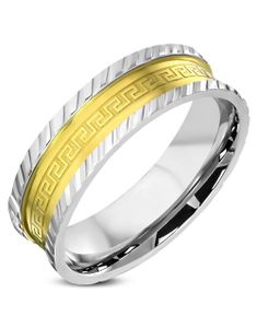 Sølv- og Gullfarget Stålring med Gresk Mønster