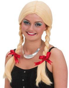 Blond Oktoberfestparykk med Musefletter og Røde Sløyfer