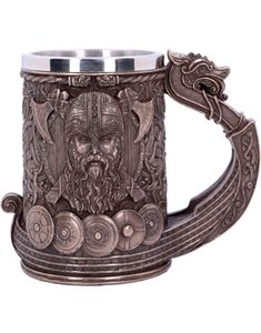 Stort Luksuriøst Krus / Seidel med Bronsefarget Vikingmotiv 15 cm