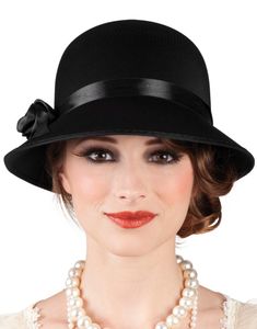 Svart Charlestonhatt med Bånd og Blomst