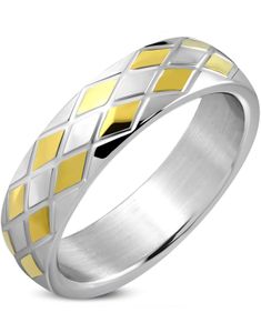 Sølv- og Gullfarget Stålring med Rutemønster