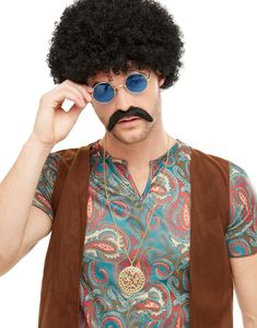 Hippie Kostymesett med Parykk, Briller, Bart og Smykke