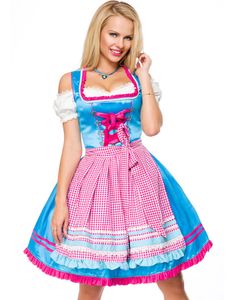 Blå Oktoberfest Dirndl Korsettkjole i Luksuskvalitet med Forkle