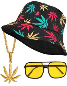 90s Hip Hop Ganja Bøttehatt, Smykke og Briller Sett