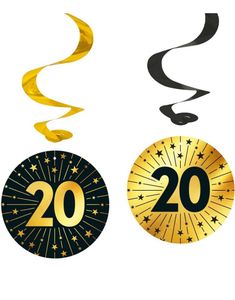 4 stk 20-Års Bursdag Hengende Swirls - Svart og Gull