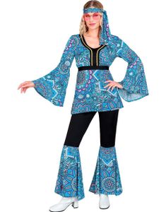 60's Svart Hippiekostyme med Fargerike Blomster til Dame