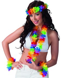 Flerfarget Hawaii-Krans, Hodekrans og to Armbånd