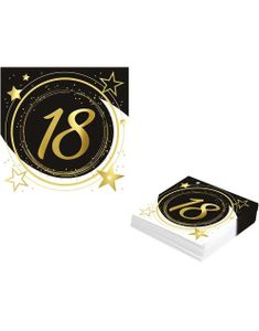 12 stk Svarte og Hvite 18 Års Bursdagsservietter med Gullfoliert Trykk 33x33 cm