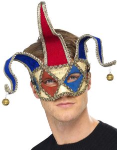 B-VARE! Beige, Blå og Rød Hoffnarr Øyemaske med Bjeller