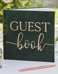 Emeraldgrønn Gjestebok med Rosegull Tekst 32 sider 21x21 cm