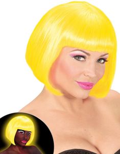 Neongul Parykk med Bob Frisyre - Lyser Under UV-Lys 