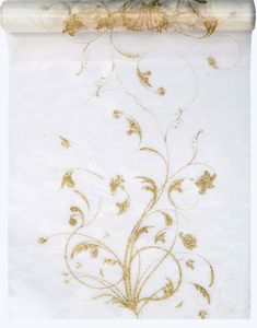 KREMHVIT Organzaløper med Gullfargede Glittermotiver 36 cm x 9 meter