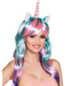 Fantasy Unicorn - Flerfarget Parykk med Ører og Horn