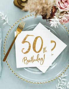 20 stk Hvite 50 Års Bursdagsservietter med Gullfoliert trykk Servietter 33x33 cm