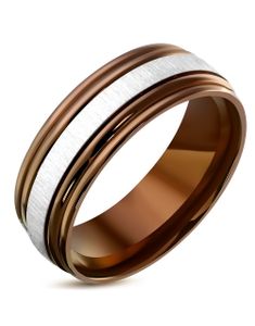 Bronsefarget Stålring med Børstet Sølvfarget Bånd