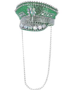 Grønn Og Sølvfarget Kapteinhatt med Spikes, Paljetter, Stener og Lenker