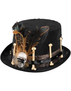Svart Voodoo Flosshatt Pyntet med Skjelett, Bånd og Fjær