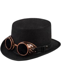 Svart Flosshatt Pyntet med Bronsefarget Steampunk Goggles