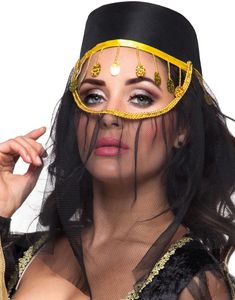 Svart Haremhatt Pyntet med Slør, Gullfarget Glitter og Bånd