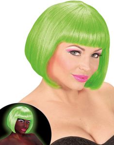 Neongrønn Parykk med Bob Frisyre - Lyser Under UV-Lys