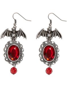 Sølvfargede Øredobber med Flaggermus og Røde Stener