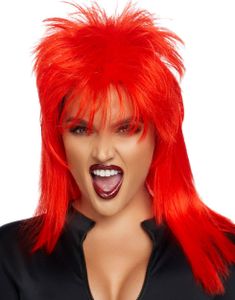 Rød Lang Punker / Mullet Parykk