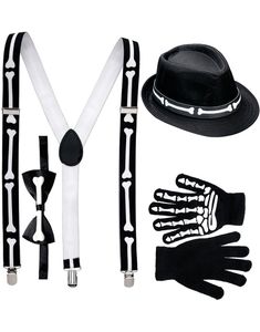 Skjelett Kostymesett med Hatt, Hansker, Bukseseler og Sløyfe