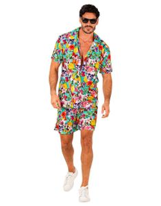 Blomstrete Hawaii Skjorte og Shorts med Hodeskaller
