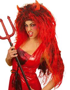 Lang Svart/Rød Parykk