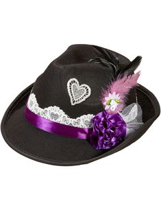 Svart Fedora Oktoberfesthatt med Lilla Bånd, Blomster og Fjær