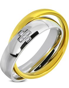 2in1 Gull- og Sølvfarget Stålring Fattet med Klare CZ Stener 