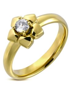 Gullfarget Ring i Kirurgisk Stål med Blomst og CZ Sten