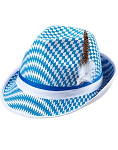 Rutete Blå og Hvit Oktoberfesthatt med Fedoraform,  Fjær og Bånd