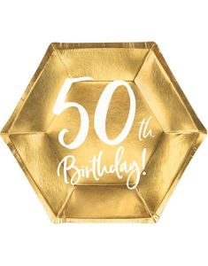 6 stk Gullfarget Sekskantet 50th bursdagstallerkener 20 cm