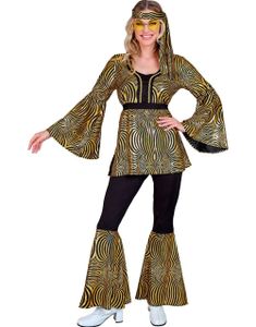 70's Svart Hippiekostyme med Funky Gullstriper til Dame