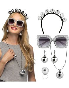 Discokule Kostymesett – Hårbånd, Halskjede, Øredobber, Ring & Briller