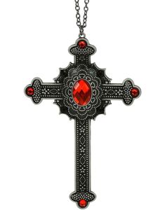 Svart Gotisk Korssmykke med Røde Stener og Sølvdetaljer