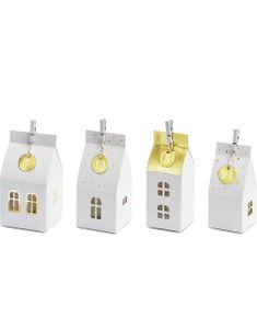 24 stk Hvite og Gullfargede Julehus Advent-Bokser / Julekalender med Tags, Klyper og Hyssing