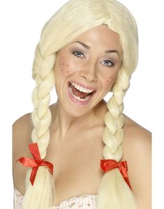 Blond Oktoberfestparykk med Fletter og Sløyfer