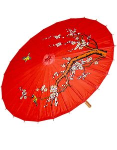 Rød Parasoll med Fugler-, Gren- og Blomstermotiver 60x84 cm